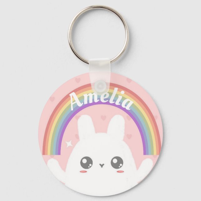 Niedlich Kawaii Bunny und Rainbow Personalisiert Schlüsselanhänger (Vorderseite)