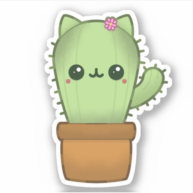 Niedlich Kawaii Cartoon Cat Cactus Aufkleber (Vorderseite)