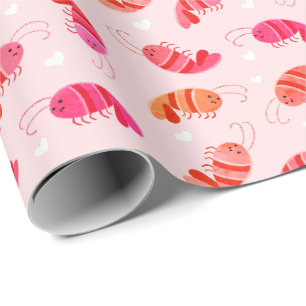 Niedlich Kawaii Cartoon Shrimp & Hearts Geschenkpapier
