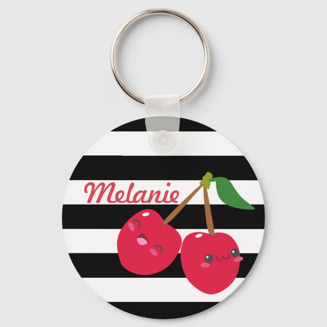 Niedlich Kawaii Cherry Streifen Personalisiert Schlüsselanhänger (Vorderseite)