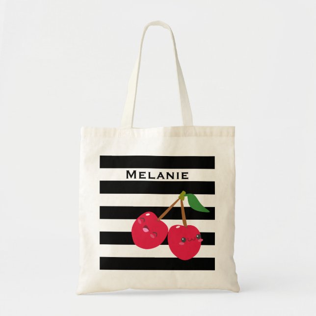 Niedlich Kawaii Cherry Streifen Personalisiert Tragetasche (Vorne)