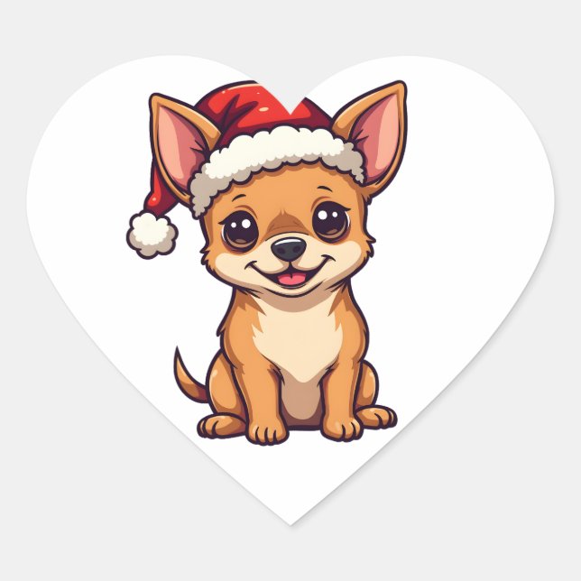 Niedlich Kawaii Chihuahua in Weihnachtsmannmütze W Herz-Aufkleber (Vorderseite)