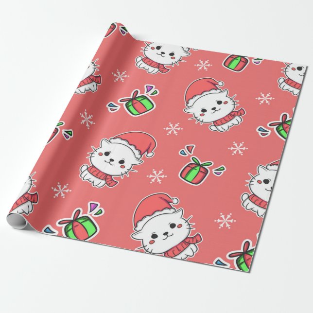 Niedlich Kawaii Christmas Kitty Geschenkpapier (Ungerollt)