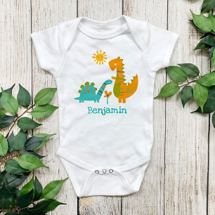 Niedlich Kawaii Dinosaurs Baby Boy Türkis Name Strampler