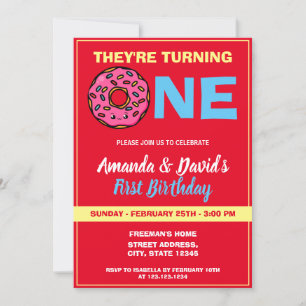 Niedlich Kawaii Donut Red Joint Twin 1. Geburtstag Einladung