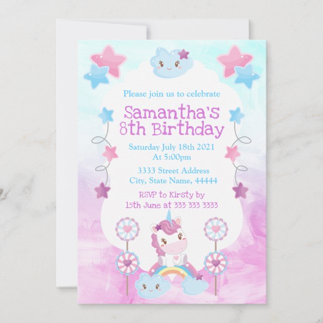 Niedlich Kawaii Dreamy Unicorn Regenbogenwolke Einladung (Vorderseite)