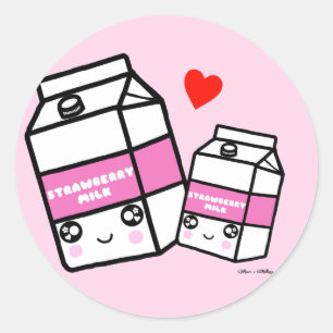 Niedlich Kawaii Erdbeeren Milch Milcherzeugnisse F Runder Aufkleber