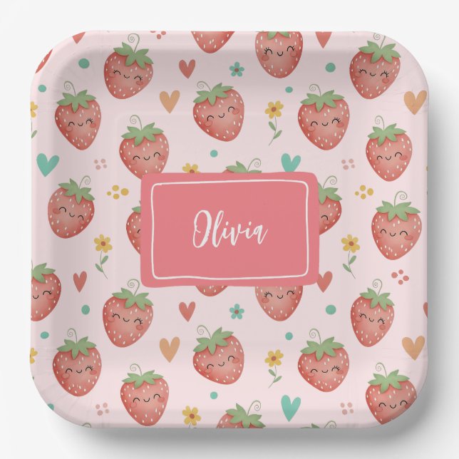 Niedlich Kawaii Erdbeeren Pappteller (Vorderseite)