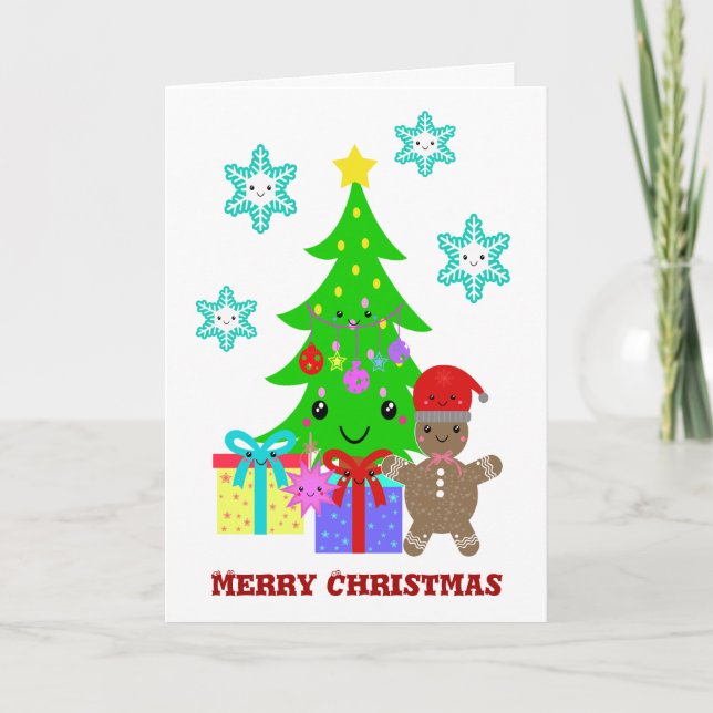 Niedlich Kawaii Face Christmas Tree Scene, ZSG Feiertagskarte (Vorderseite)