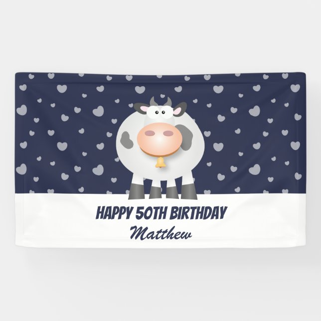 Niedlich Kawaii Funny Cartoon Kuh Happy 50. Geburt Banner (Horizontal)