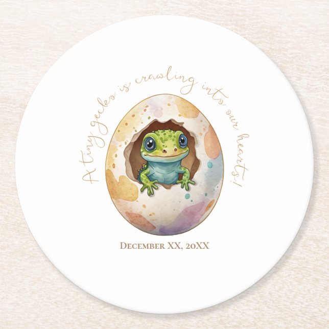 Niedlich Kawaii Gecko Lizard Egg Babydusche Runder Pappuntersetzer (Vorderseite)
