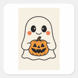 Niedlich Kawaii Ghost mit Pumpkin Quadratischer Aufkleber