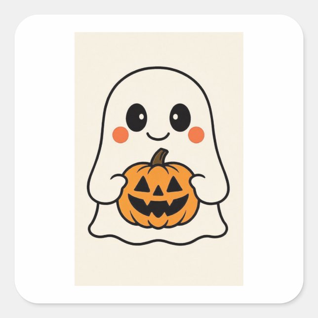 Niedlich Kawaii Ghost mit Pumpkin Quadratischer Aufkleber (Vorderseite)