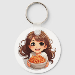 Niedlich Kawaii Girl Eating Spaghetti Schlüsselanhänger