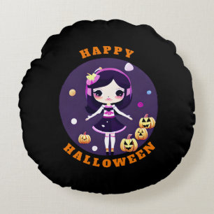 Niedlich Kawaii Girl in Pumpkins Halloween Rundes Kissen