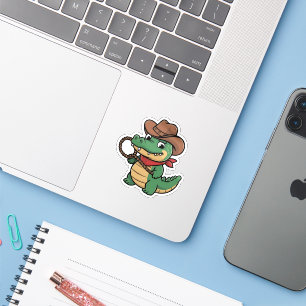 Niedlich Kawaii Green Alligator Cowboy Hat & Lasso Aufkleber