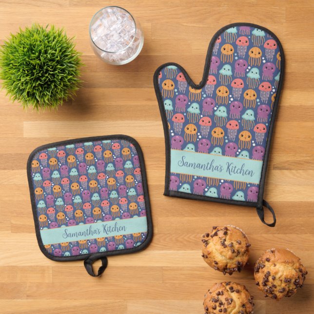 Niedlich Kawaii Jellyfish Personalisiert Ofenhandschuh & Topflappen-Set (Oben Unten)