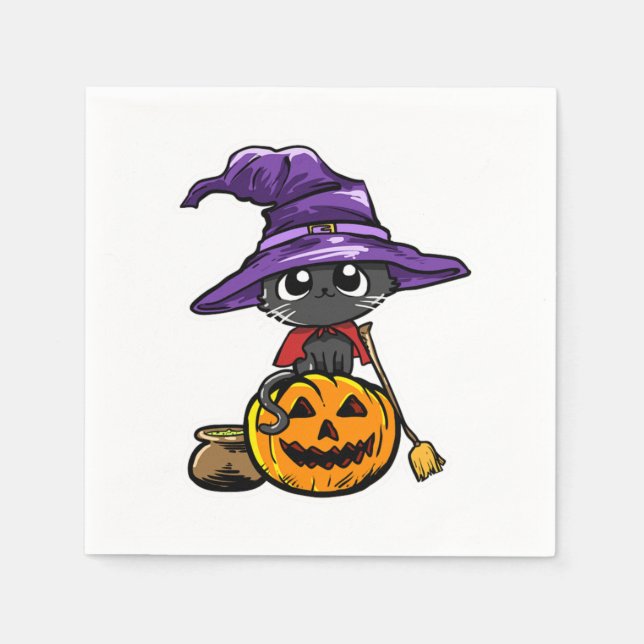 Niedlich Kawaii Kat Hexenkürbis Halloween Cat Love Serviette (Vorderseite)