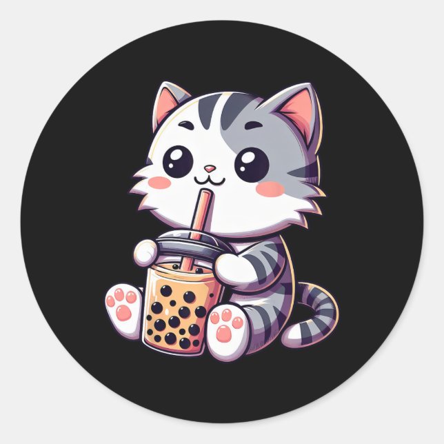 Niedlich Kawaii Katze Boba Blubble Milk Tee Anime  Runder Aufkleber (Vorderseite)