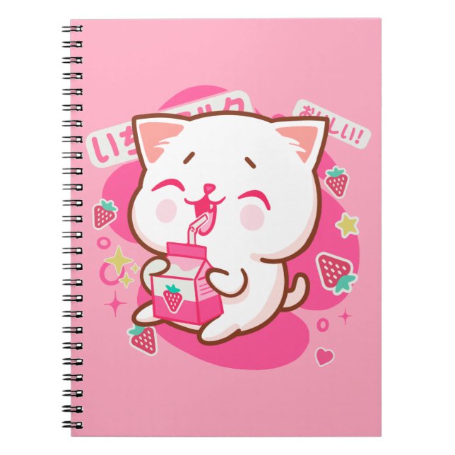 Niedlich Kawaii Katze Japanisch Erdbeermilch Notizblock (Vorderseite)
