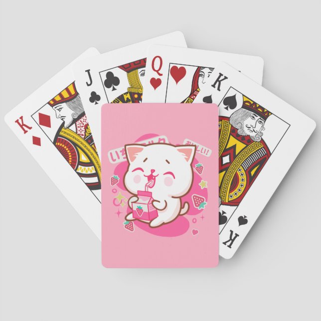 Niedlich Kawaii Katze Japanisch Erdbeermilch Spielkarten (Rückseite)