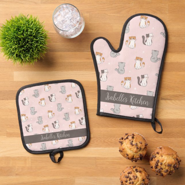 Niedlich Kawaii Katzen Personalisiert Ofenhandschuh & Topflappen-Set (Oben Unten)