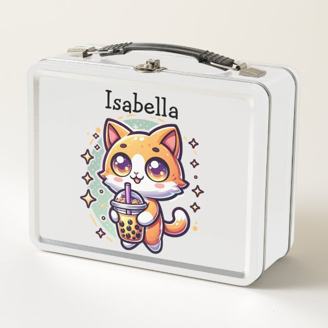 Niedlich Kawaii Kitten mit Bubble Tee Personalisie Metall Brotdose (Vorderseite)