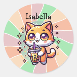 Niedlich Kawaii Kitten mit Bubble Tee Personalisie Runder Aufkleber