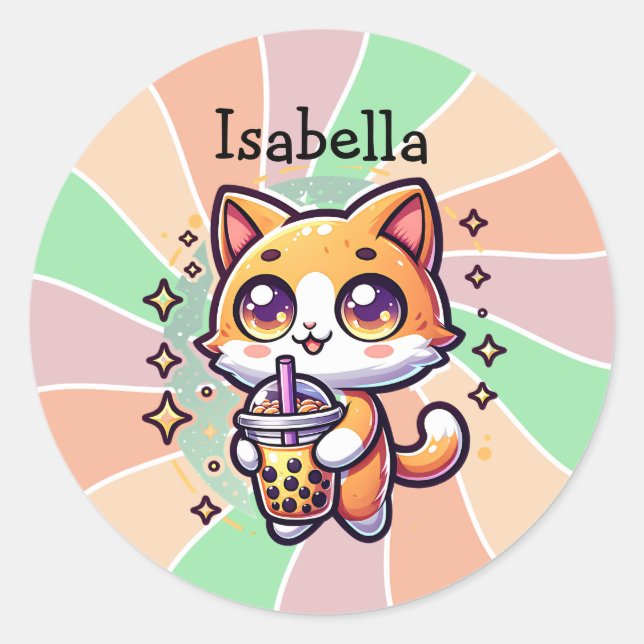 Niedlich Kawaii Kitten mit Bubble Tee Personalisie Runder Aufkleber (Vorderseite)