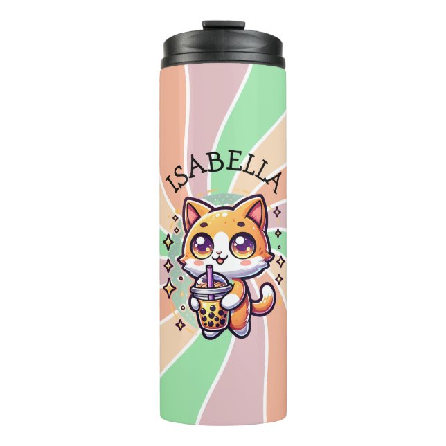 Niedlich Kawaii Kitten mit Bubble Tee Personalisie Thermosbecher (Vorderseite)