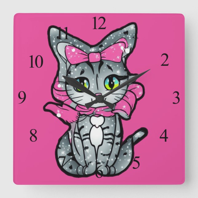 Niedlich Kawaii Kitten mit einem Glitzer Rosa Hint Quadratische Wanduhr (Vorderseite)
