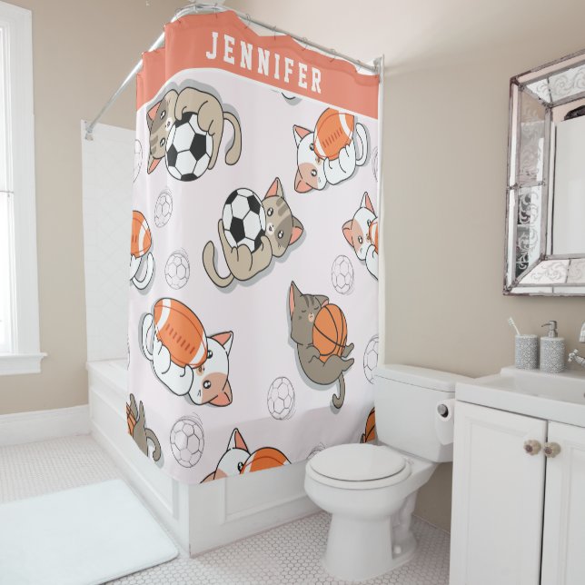 Niedlich Kawaii Kittens & Sports Balls Mädchen Nam Duschvorhang (Beispiel)