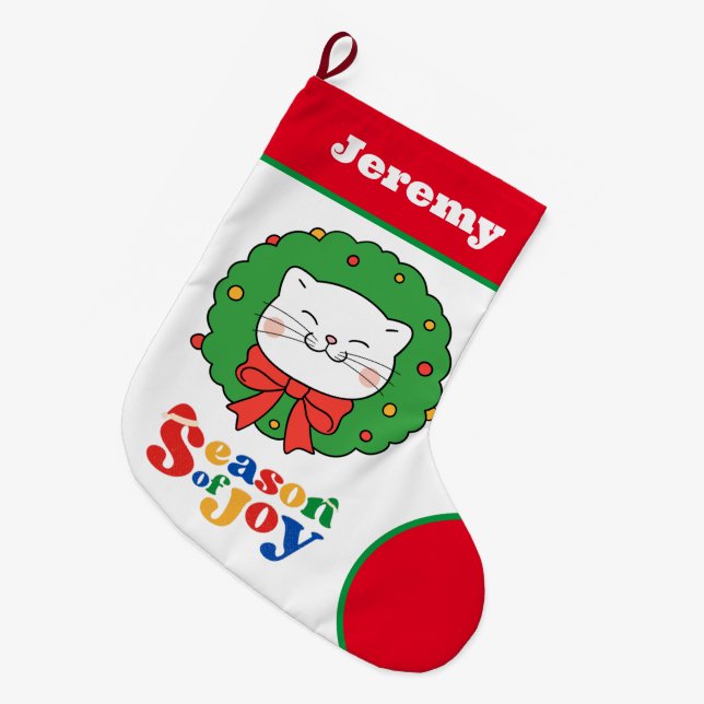 Niedlich Kawaii Kitty Cat Weihnachtszeit der Freud Großer Weihnachtsstrumpf (Vorderansicht (hängend))