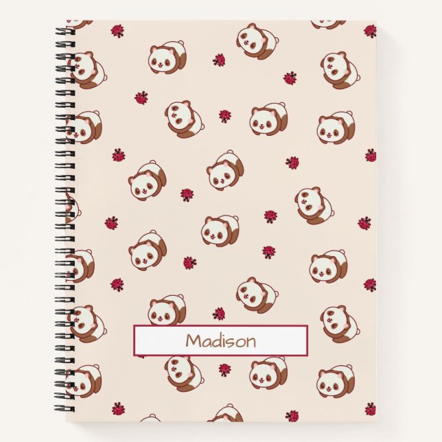 Niedlich Kawaii Panda Beige Muster Personalisiert Notizbuch (Vorderseite)