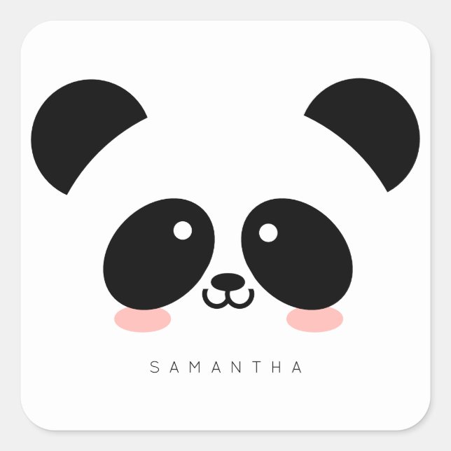 Niedlich Kawaii Panda | Name hinzufügen Quadratischer Aufkleber (Vorderseite)