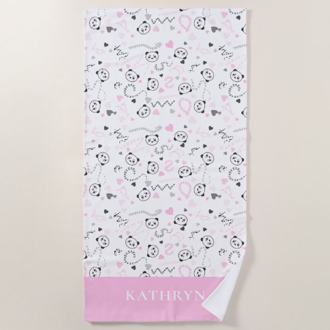 Niedlich Kawaii Panda Pink Gray Hearts Personalisi Strandtuch (Vorderseite)