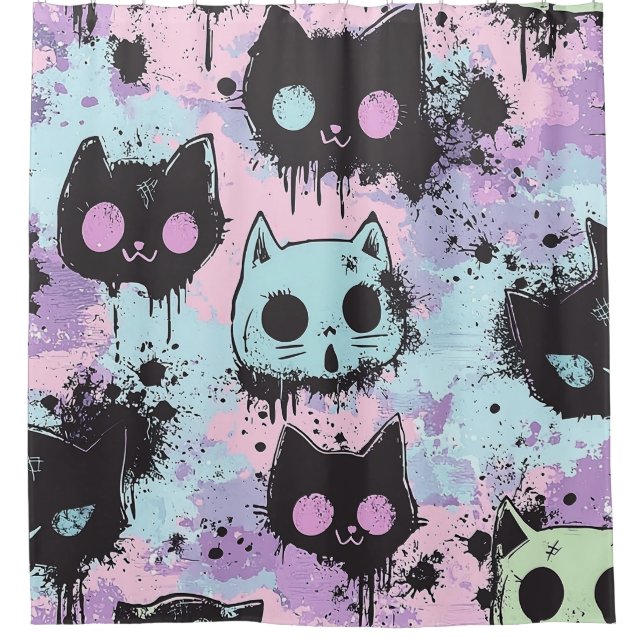 Niedlich Kawaii Pastel Goth Patchwork Creepy Cat Duschvorhang (Vorderseite)