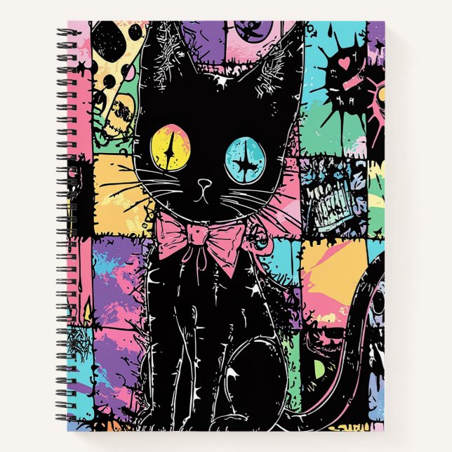 Niedlich Kawaii Pastel Goth Patchwork Creepy Cat Notizbuch (Vorderseite)