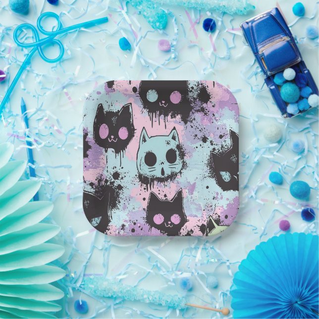 Niedlich Kawaii Pastel Goth Patchwork Creepy Cat Pappteller (Party)