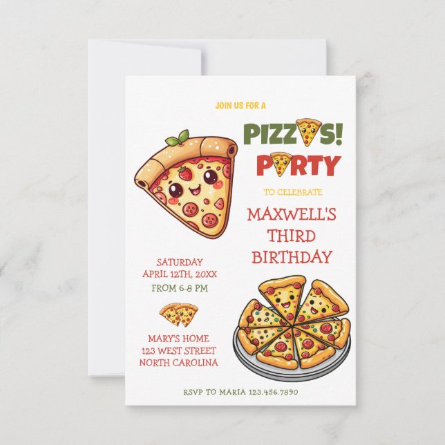 Niedlich Kawaii Pizza Party Kindergeburtstag Einladung (Vorderseite)