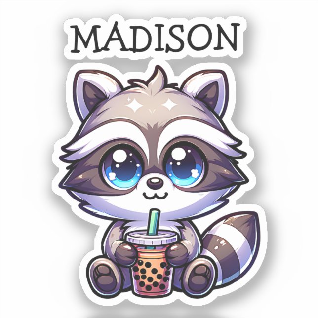 Niedlich Kawaii Raccoon mit Bubble Tee Personalisi Aufkleber (Vorderseite)