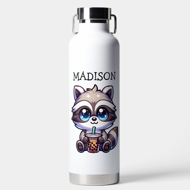Niedlich Kawaii Raccoon mit Bubble Tee Personalisi Trinkflasche (Vorderseite)