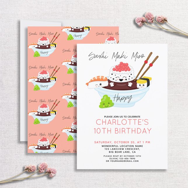 Niedlich Kawaii Shushi Maki Miso Happy Birthday Pa Einladung (Von Creator hochgeladen)