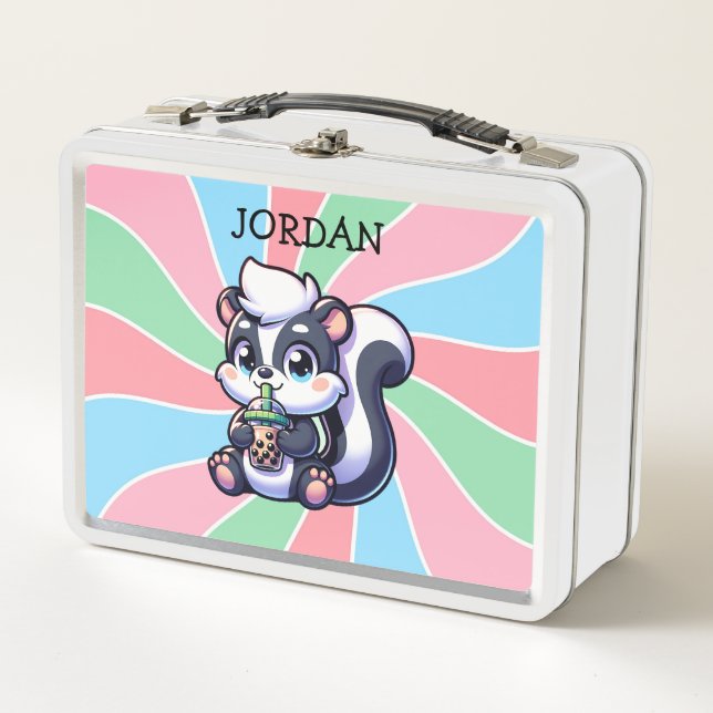 Niedlich Kawaii Skunk mit Bubble Tee Personalisier Metall Brotdose (Vorderseite)