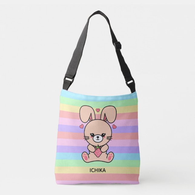 Niedlich Kawaii Strawberry Bunny Rabbit Strichen Tragetaschen Mit Langen Trägern (Vorderseite)