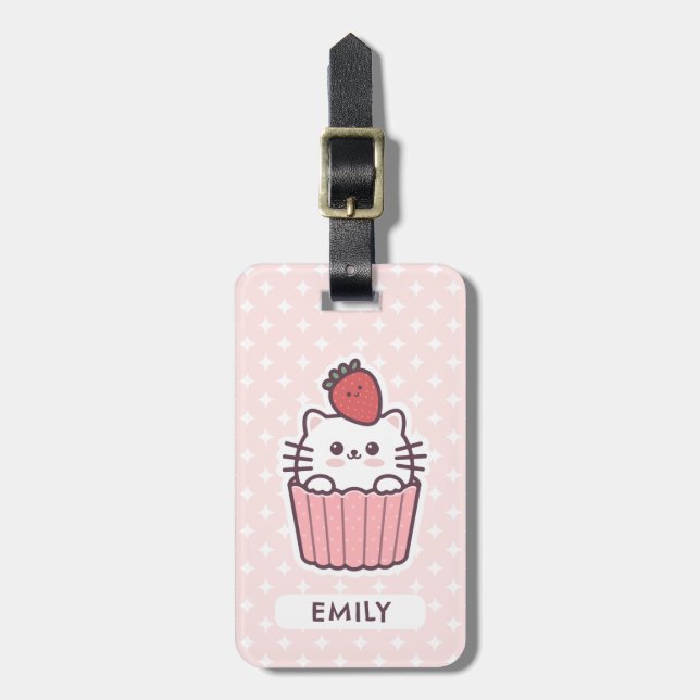 Niedlich Kawaii Strawberry Cat Cupcake Cartoon Gepäckanhänger (Vorderseite vertikal)