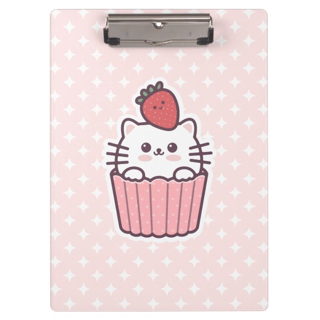 Niedlich Kawaii Strawberry Cat Cupcake Cartoon Klemmbrett (Vorderseite)