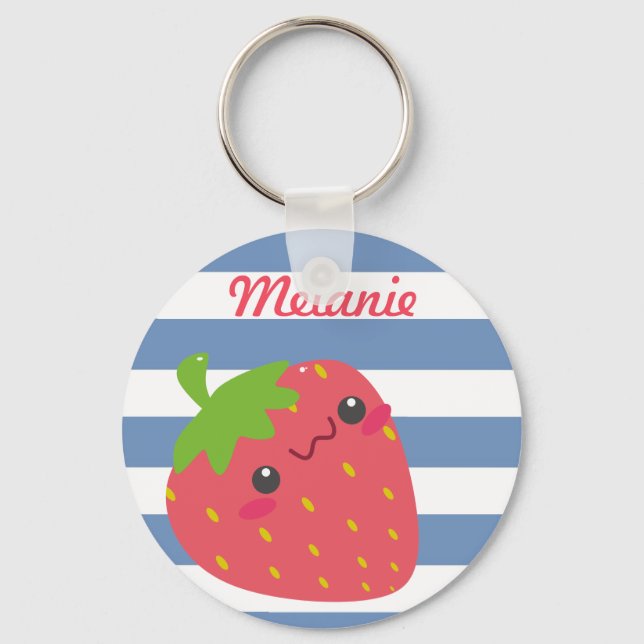 Niedlich Kawaii Strawberry Streifen Personalisiert Schlüsselanhänger (Vorderseite)