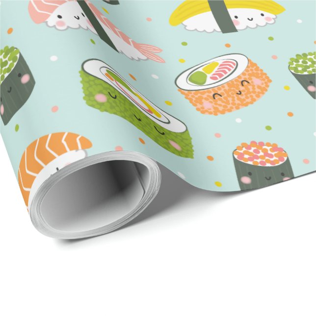 Niedlich Kawaii Sushi auf hellblau Geschenkpapier (Rolleneckpunkt)