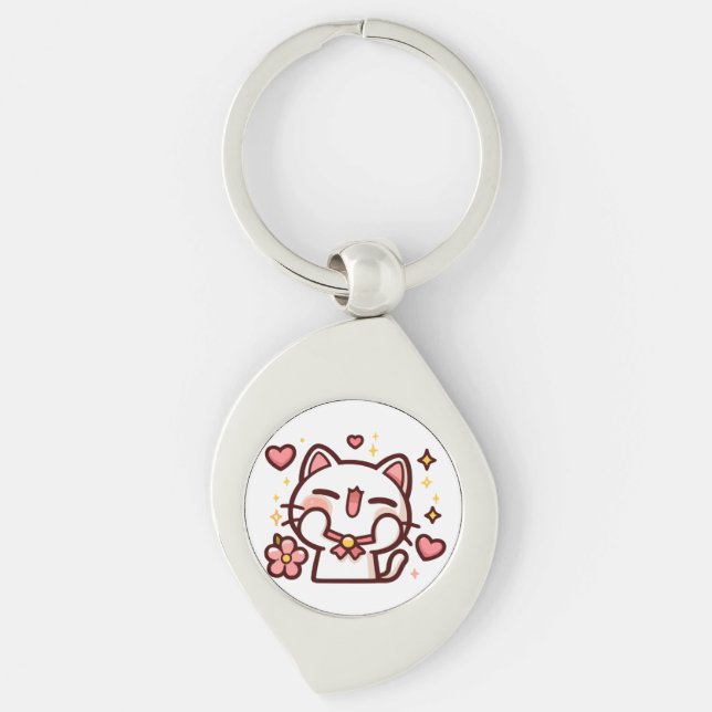 Niedlich Kawaii White Cat Schlüsselanhänger (Vorderseite)